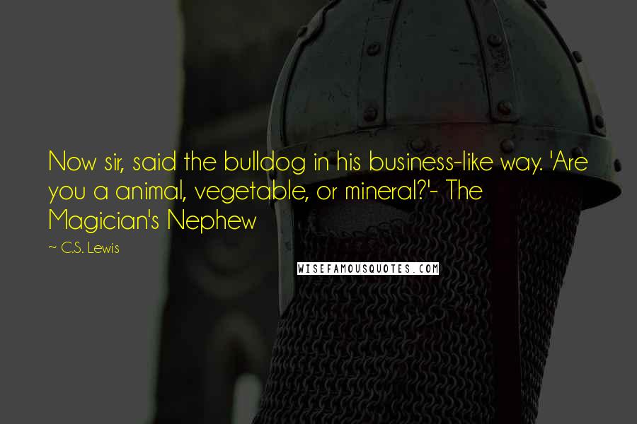 C.S. Lewis Quotes: Now sir, said the bulldog in his business-like way. 'Are you a animal, vegetable, or mineral?'- The Magician's Nephew