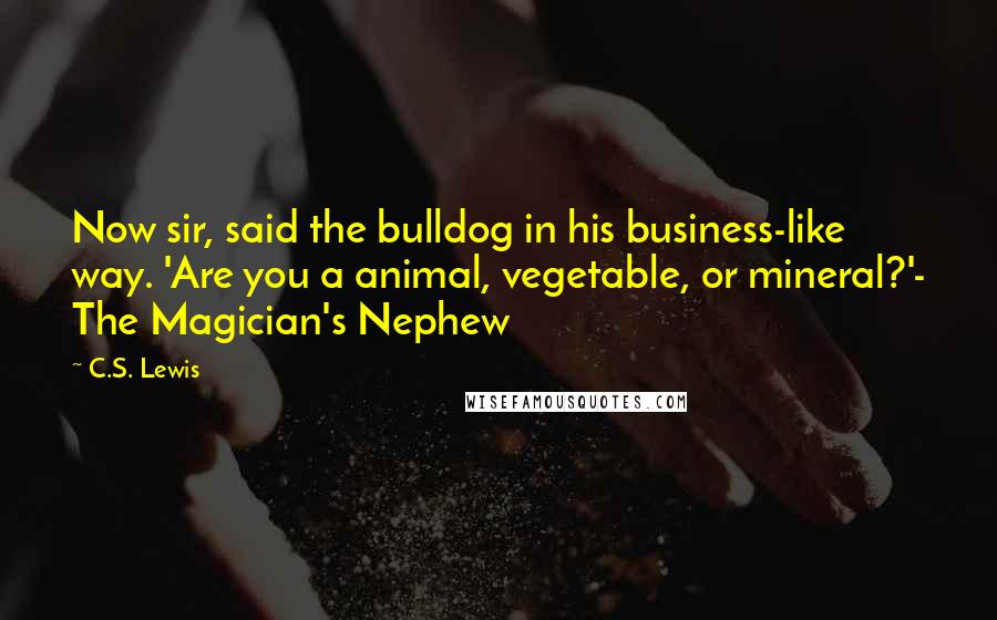 C.S. Lewis Quotes: Now sir, said the bulldog in his business-like way. 'Are you a animal, vegetable, or mineral?'- The Magician's Nephew