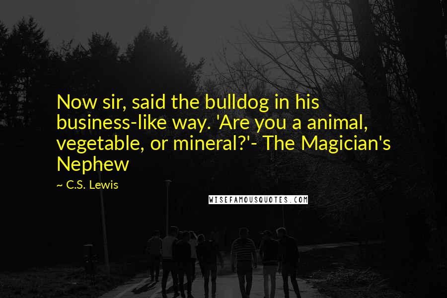 C.S. Lewis Quotes: Now sir, said the bulldog in his business-like way. 'Are you a animal, vegetable, or mineral?'- The Magician's Nephew