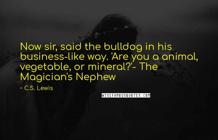 C.S. Lewis Quotes: Now sir, said the bulldog in his business-like way. 'Are you a animal, vegetable, or mineral?'- The Magician's Nephew