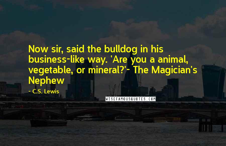 C.S. Lewis Quotes: Now sir, said the bulldog in his business-like way. 'Are you a animal, vegetable, or mineral?'- The Magician's Nephew