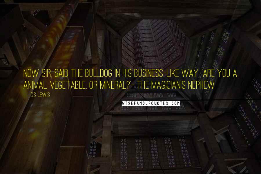 C.S. Lewis Quotes: Now sir, said the bulldog in his business-like way. 'Are you a animal, vegetable, or mineral?'- The Magician's Nephew