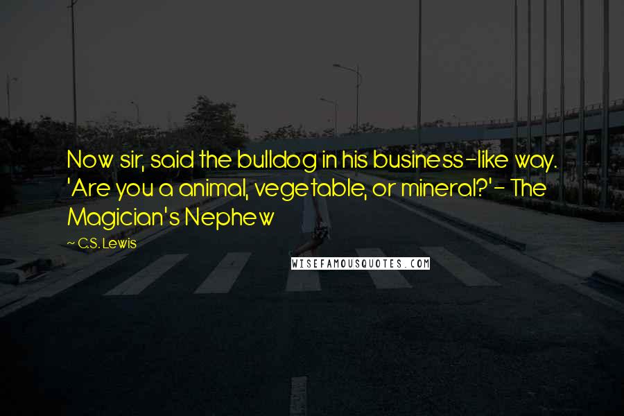 C.S. Lewis Quotes: Now sir, said the bulldog in his business-like way. 'Are you a animal, vegetable, or mineral?'- The Magician's Nephew