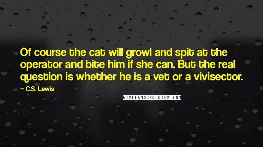 C.S. Lewis Quotes: Of course the cat will growl and spit at the operator and bite him if she can. But the real question is whether he is a vet or a vivisector.