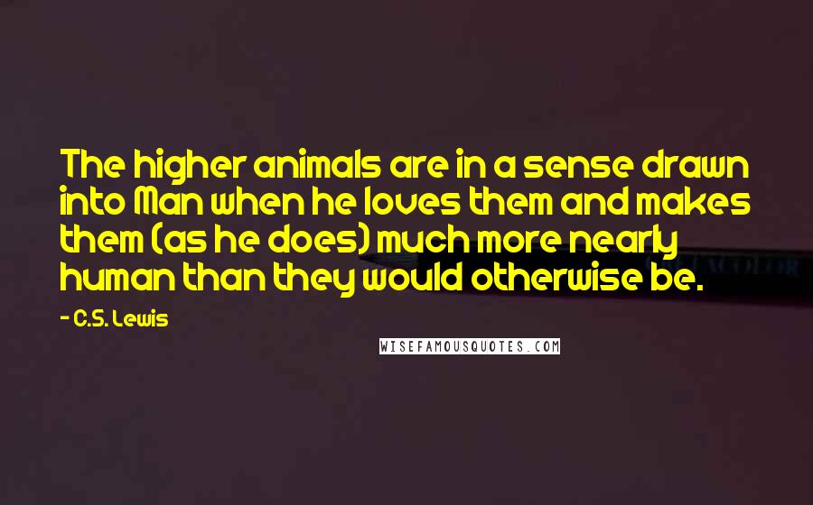 C.S. Lewis Quotes: The higher animals are in a sense drawn into Man when he loves them and makes them (as he does) much more nearly human than they would otherwise be.