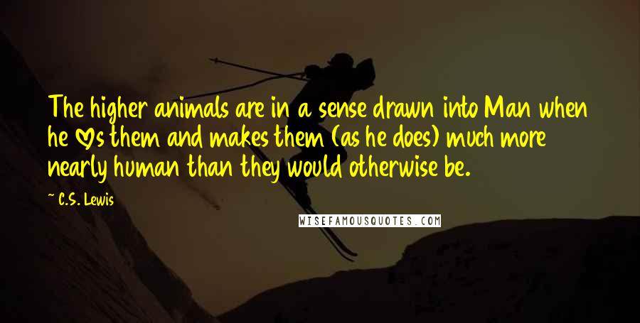 C.S. Lewis Quotes: The higher animals are in a sense drawn into Man when he loves them and makes them (as he does) much more nearly human than they would otherwise be.