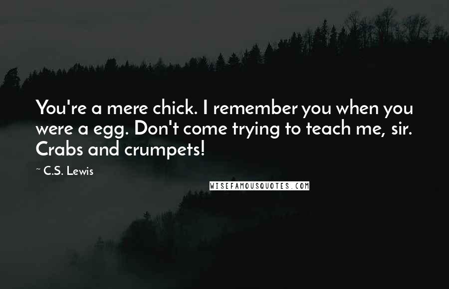 C.S. Lewis Quotes: You're a mere chick. I remember you when you were a egg. Don't come trying to teach me, sir. Crabs and crumpets!