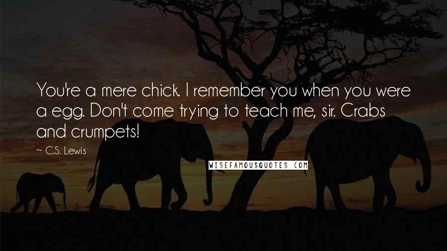 C.S. Lewis Quotes: You're a mere chick. I remember you when you were a egg. Don't come trying to teach me, sir. Crabs and crumpets!