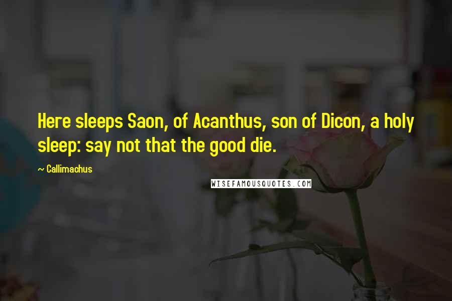 Callimachus Quotes: Here sleeps Saon, of Acanthus, son of Dicon, a holy sleep: say not that the good die.