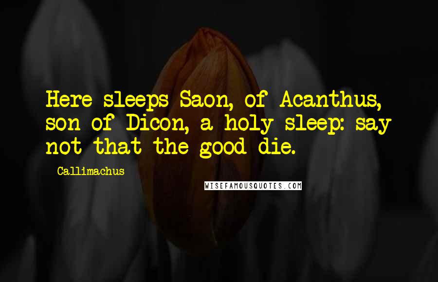 Callimachus Quotes: Here sleeps Saon, of Acanthus, son of Dicon, a holy sleep: say not that the good die.