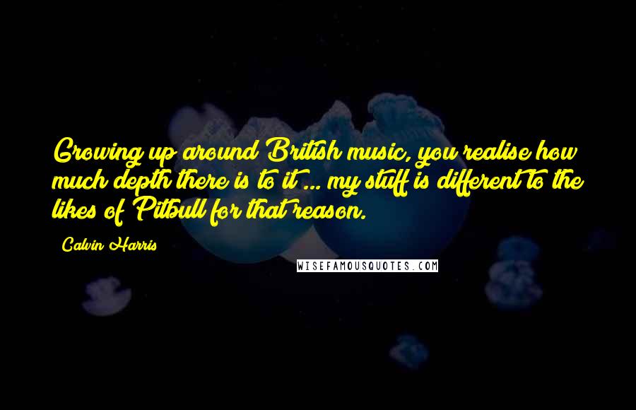 Calvin Harris Quotes: Growing up around British music, you realise how much depth there is to it ... my stuff is different to the likes of Pitbull for that reason.