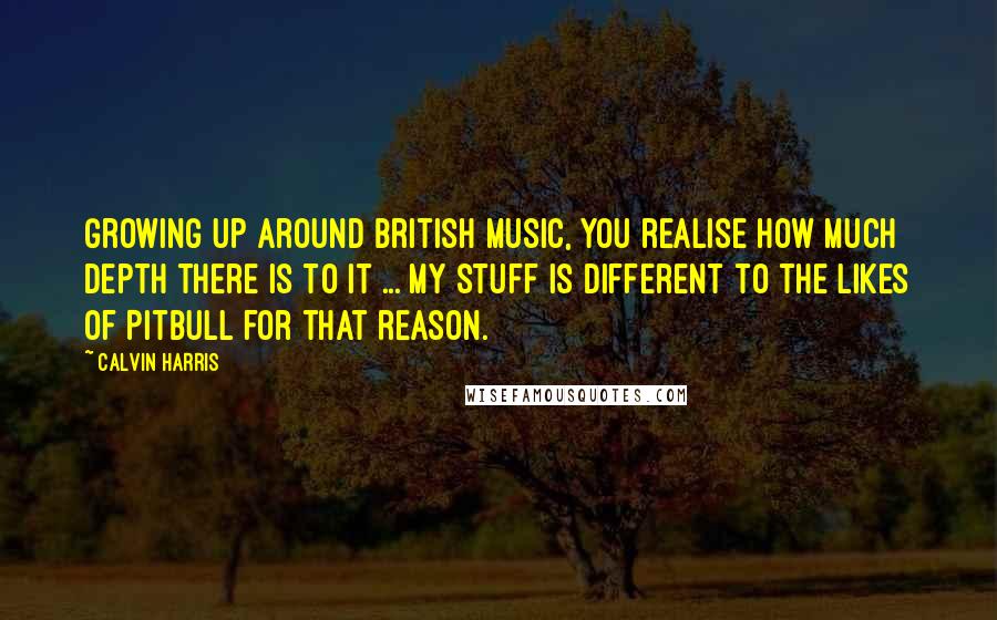 Calvin Harris Quotes: Growing up around British music, you realise how much depth there is to it ... my stuff is different to the likes of Pitbull for that reason.
