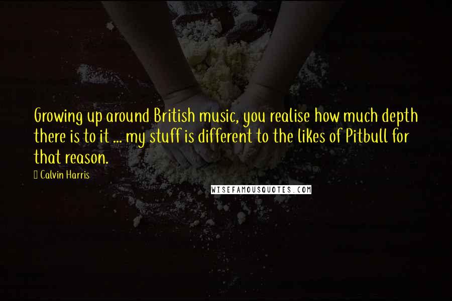 Calvin Harris Quotes: Growing up around British music, you realise how much depth there is to it ... my stuff is different to the likes of Pitbull for that reason.