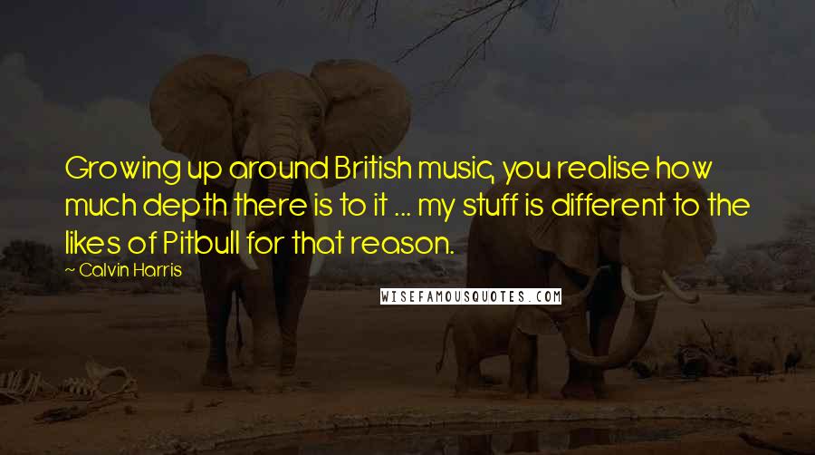 Calvin Harris Quotes: Growing up around British music, you realise how much depth there is to it ... my stuff is different to the likes of Pitbull for that reason.
