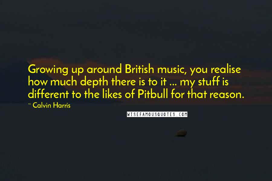 Calvin Harris Quotes: Growing up around British music, you realise how much depth there is to it ... my stuff is different to the likes of Pitbull for that reason.
