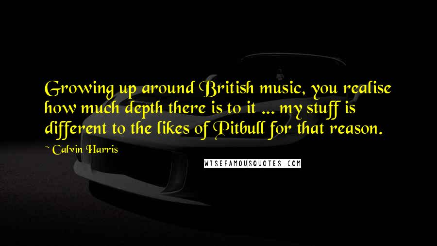 Calvin Harris Quotes: Growing up around British music, you realise how much depth there is to it ... my stuff is different to the likes of Pitbull for that reason.