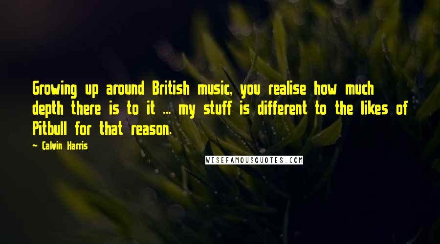 Calvin Harris Quotes: Growing up around British music, you realise how much depth there is to it ... my stuff is different to the likes of Pitbull for that reason.