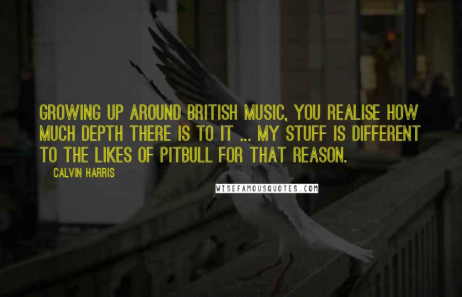 Calvin Harris Quotes: Growing up around British music, you realise how much depth there is to it ... my stuff is different to the likes of Pitbull for that reason.