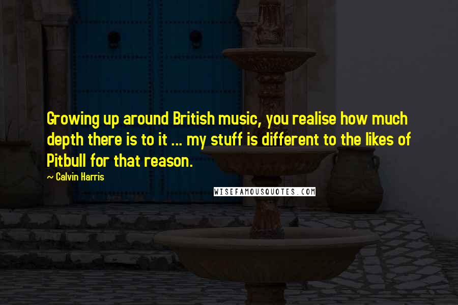 Calvin Harris Quotes: Growing up around British music, you realise how much depth there is to it ... my stuff is different to the likes of Pitbull for that reason.