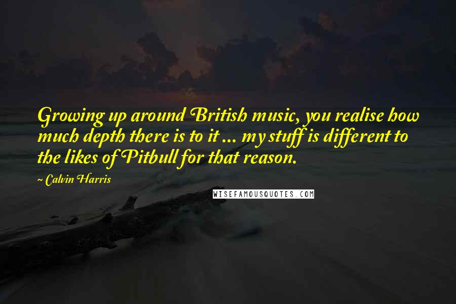 Calvin Harris Quotes: Growing up around British music, you realise how much depth there is to it ... my stuff is different to the likes of Pitbull for that reason.