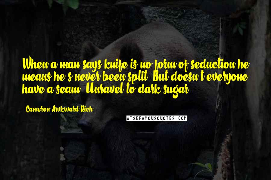 Cameron Awkward-Rich Quotes: When a man says knife is no form of seduction he means he's never been split. But doesn't everyone have a seam? Unravel to dark sugar?"