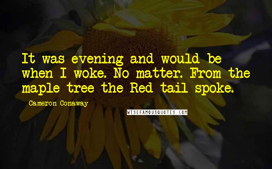 Cameron Conaway Quotes: It was evening and would be when I woke. No matter. From the maple tree the Red-tail spoke.