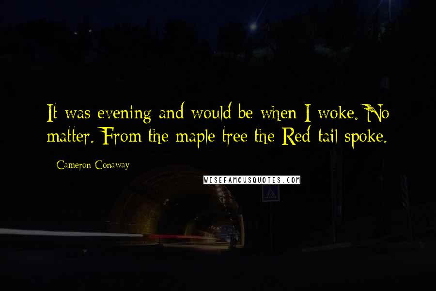 Cameron Conaway Quotes: It was evening and would be when I woke. No matter. From the maple tree the Red-tail spoke.