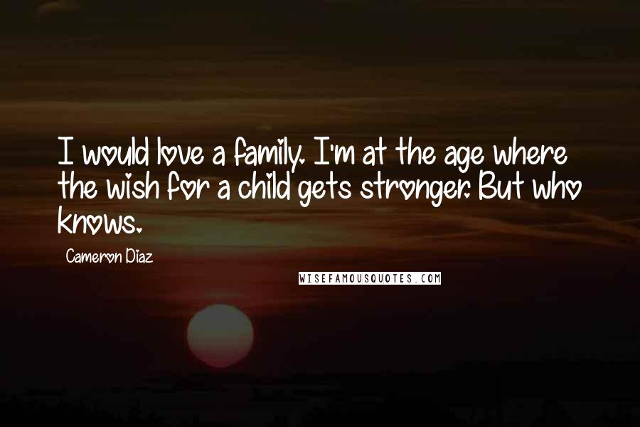 Cameron Diaz Quotes: I would love a family. I'm at the age where the wish for a child gets stronger. But who knows.