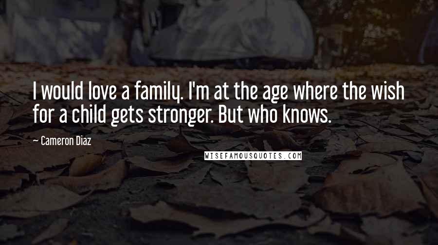 Cameron Diaz Quotes: I would love a family. I'm at the age where the wish for a child gets stronger. But who knows.