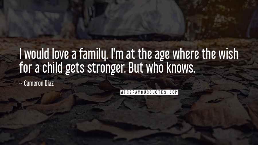 Cameron Diaz Quotes: I would love a family. I'm at the age where the wish for a child gets stronger. But who knows.