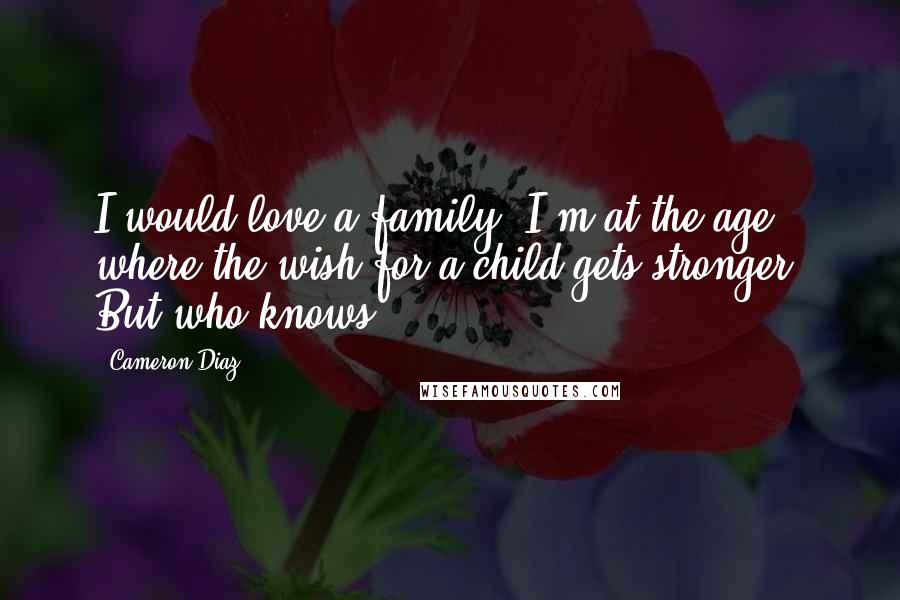 Cameron Diaz Quotes: I would love a family. I'm at the age where the wish for a child gets stronger. But who knows.