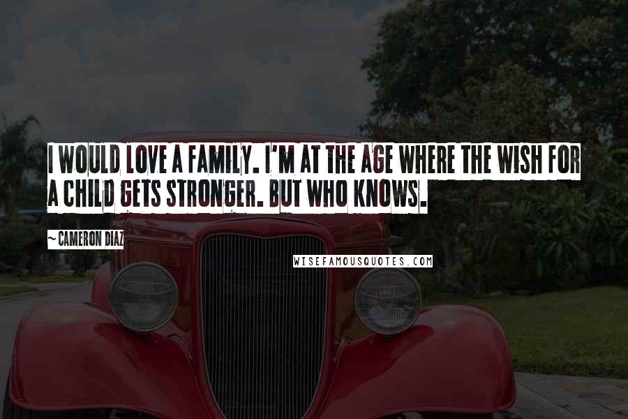 Cameron Diaz Quotes: I would love a family. I'm at the age where the wish for a child gets stronger. But who knows.