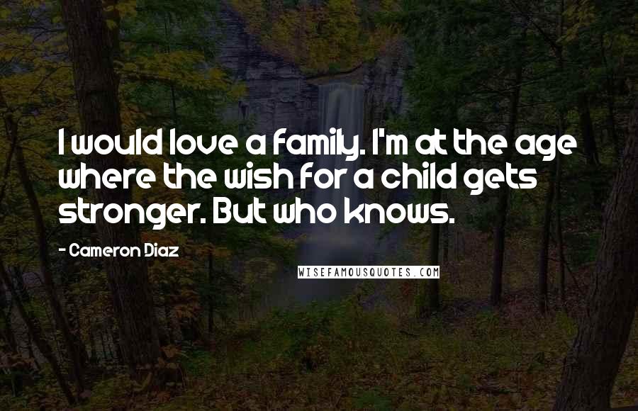 Cameron Diaz Quotes: I would love a family. I'm at the age where the wish for a child gets stronger. But who knows.