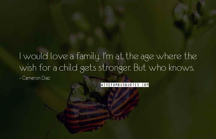 Cameron Diaz Quotes: I would love a family. I'm at the age where the wish for a child gets stronger. But who knows.