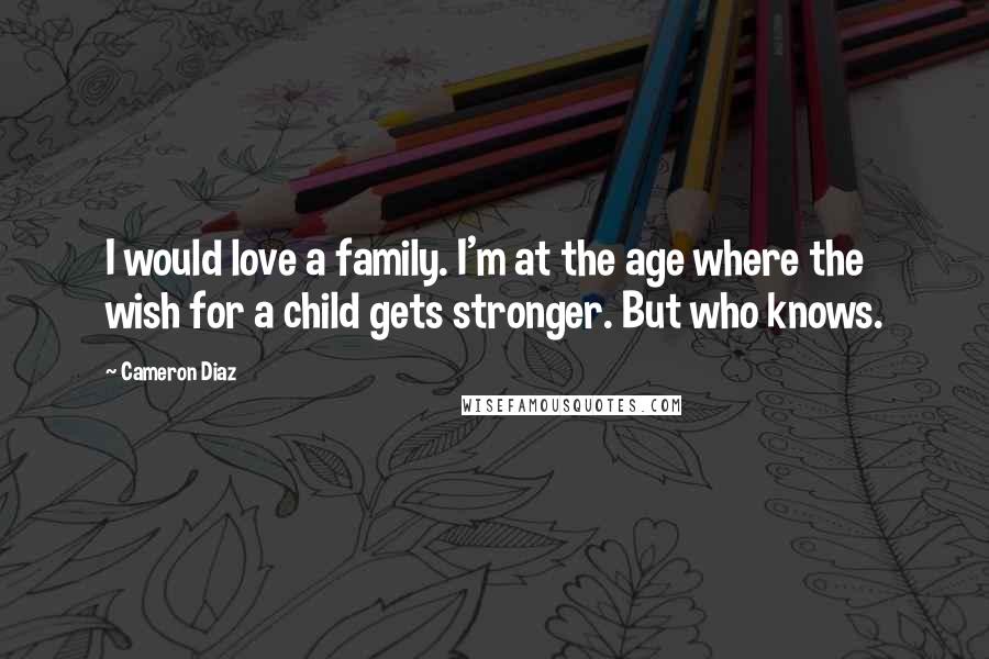 Cameron Diaz Quotes: I would love a family. I'm at the age where the wish for a child gets stronger. But who knows.