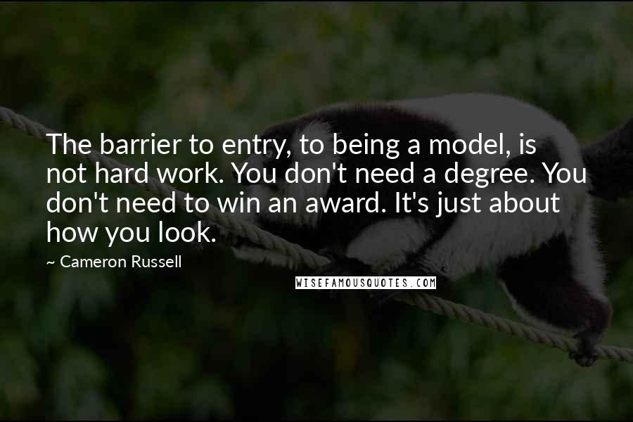 Cameron Russell Quotes: The barrier to entry, to being a model, is not hard work. You don't need a degree. You don't need to win an award. It's just about how you look.