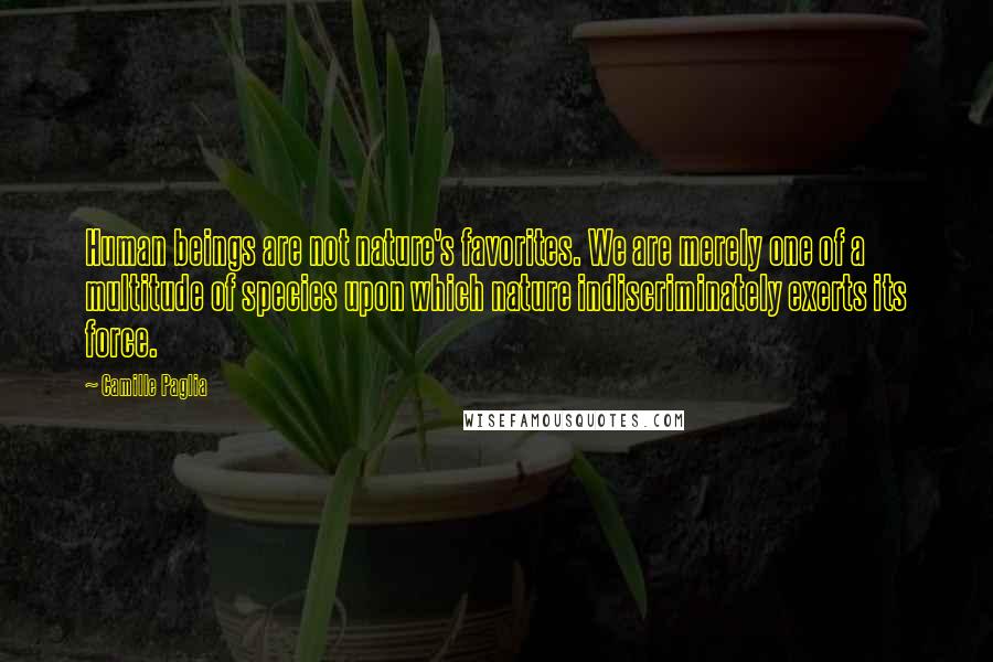 Camille Paglia Quotes: Human beings are not nature's favorites. We are merely one of a multitude of species upon which nature indiscriminately exerts its force.