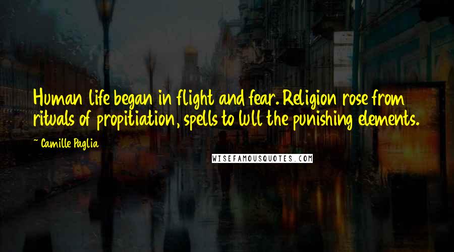 Camille Paglia Quotes: Human life began in flight and fear. Religion rose from rituals of propitiation, spells to lull the punishing elements.