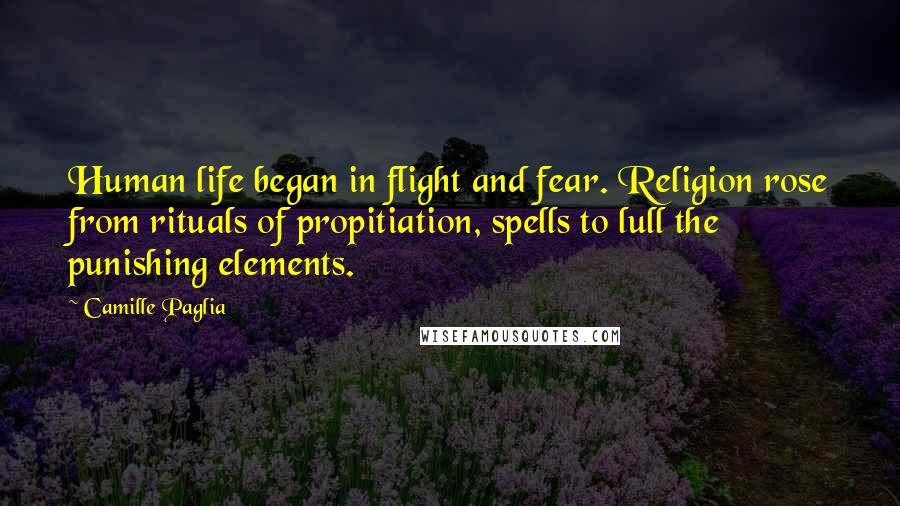 Camille Paglia Quotes: Human life began in flight and fear. Religion rose from rituals of propitiation, spells to lull the punishing elements.