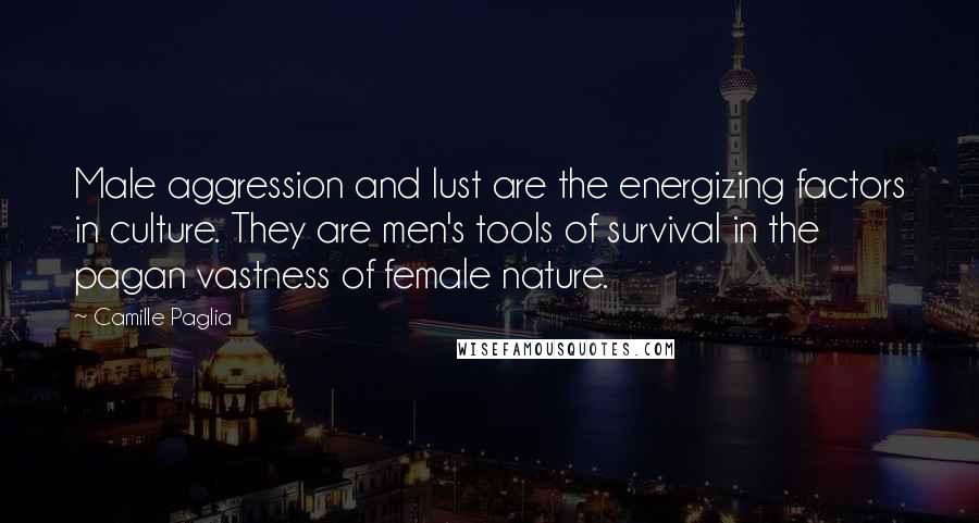 Camille Paglia Quotes: Male aggression and lust are the energizing factors in culture. They are men's tools of survival in the pagan vastness of female nature.