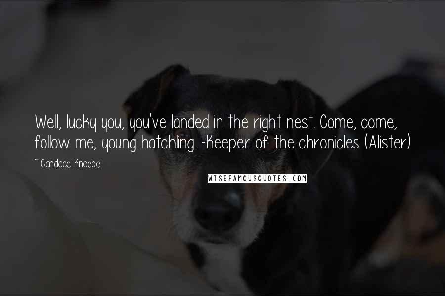 Candace Knoebel Quotes: Well, lucky you, you've landed in the right nest. Come, come, follow me, young hatchling. -Keeper of the chronicles (Alister)