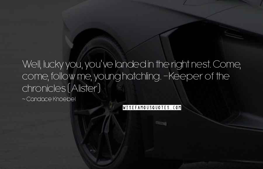 Candace Knoebel Quotes: Well, lucky you, you've landed in the right nest. Come, come, follow me, young hatchling. -Keeper of the chronicles (Alister)