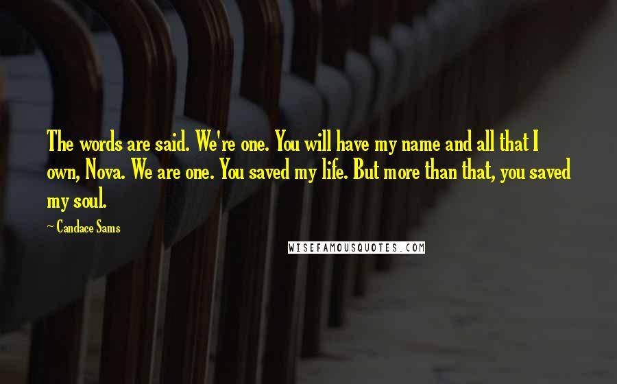 Candace Sams Quotes: The words are said. We're one. You will have my name and all that I own, Nova. We are one. You saved my life. But more than that, you saved my soul.