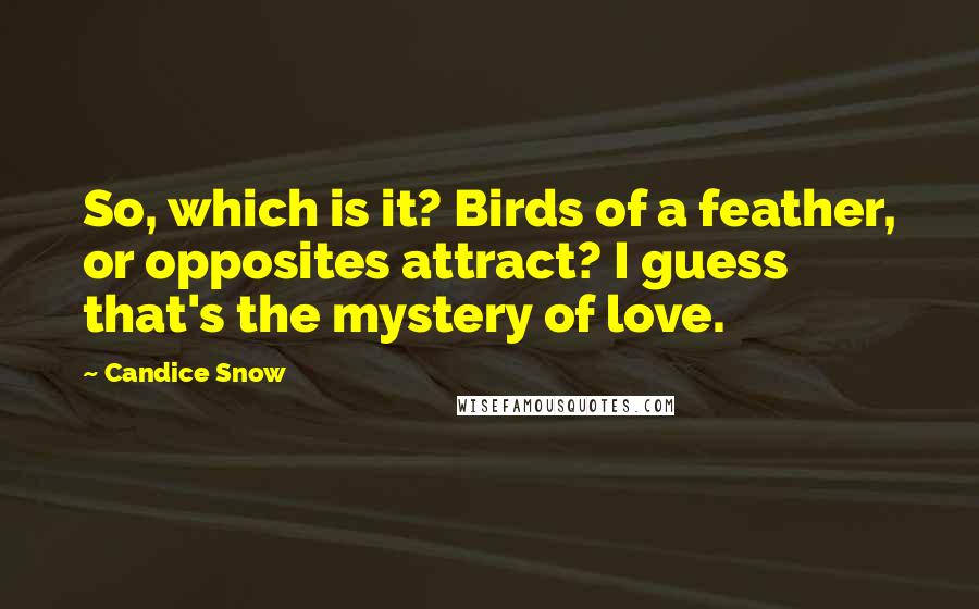 Candice Snow Quotes: So, which is it? Birds of a feather, or opposites attract? I guess that's the mystery of love.