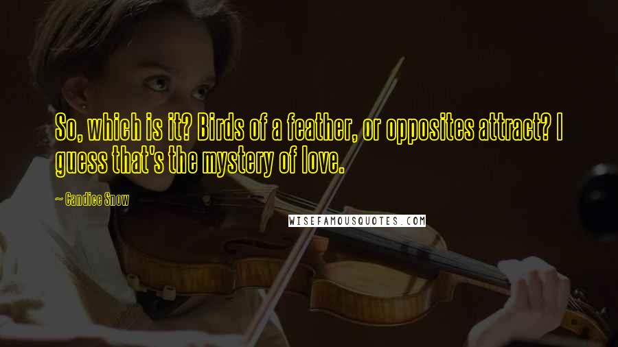 Candice Snow Quotes: So, which is it? Birds of a feather, or opposites attract? I guess that's the mystery of love.