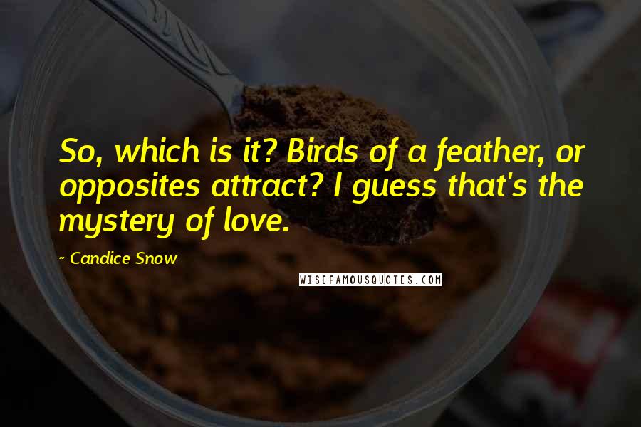 Candice Snow Quotes: So, which is it? Birds of a feather, or opposites attract? I guess that's the mystery of love.