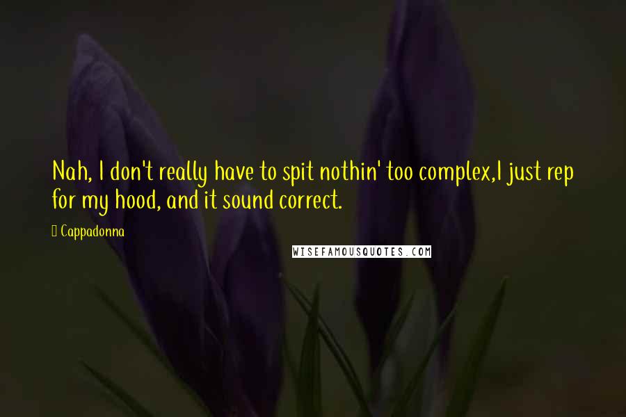 Cappadonna Quotes: Nah, I don't really have to spit nothin' too complex,I just rep for my hood, and it sound correct.
