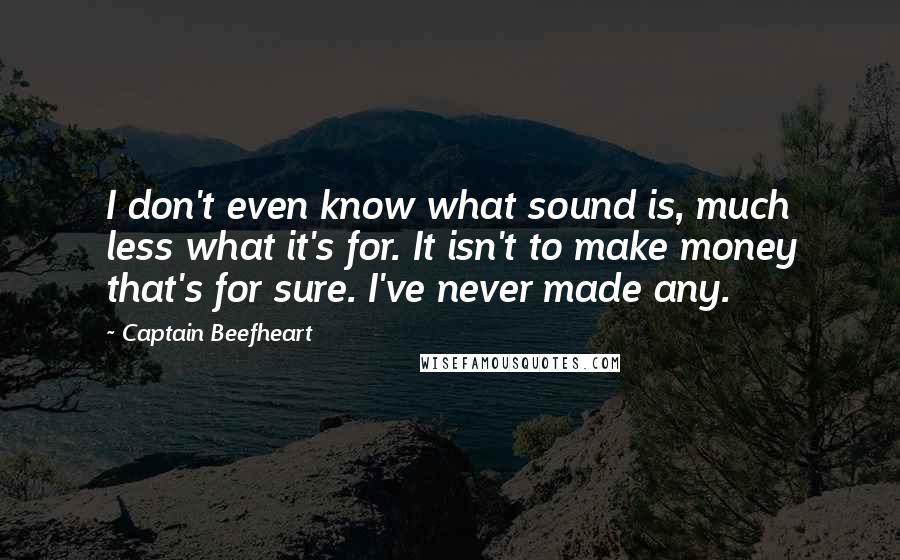 Captain Beefheart Quotes: I don't even know what sound is, much less what it's for. It isn't to make money that's for sure. I've never made any.