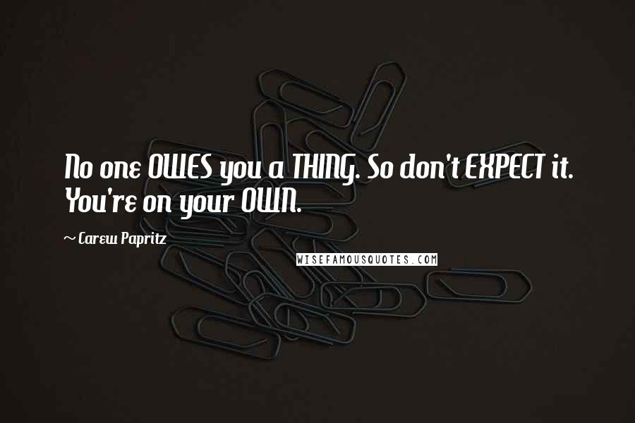 Carew Papritz Quotes: No one OWES you a THING. So don't EXPECT it. You're on your OWN.