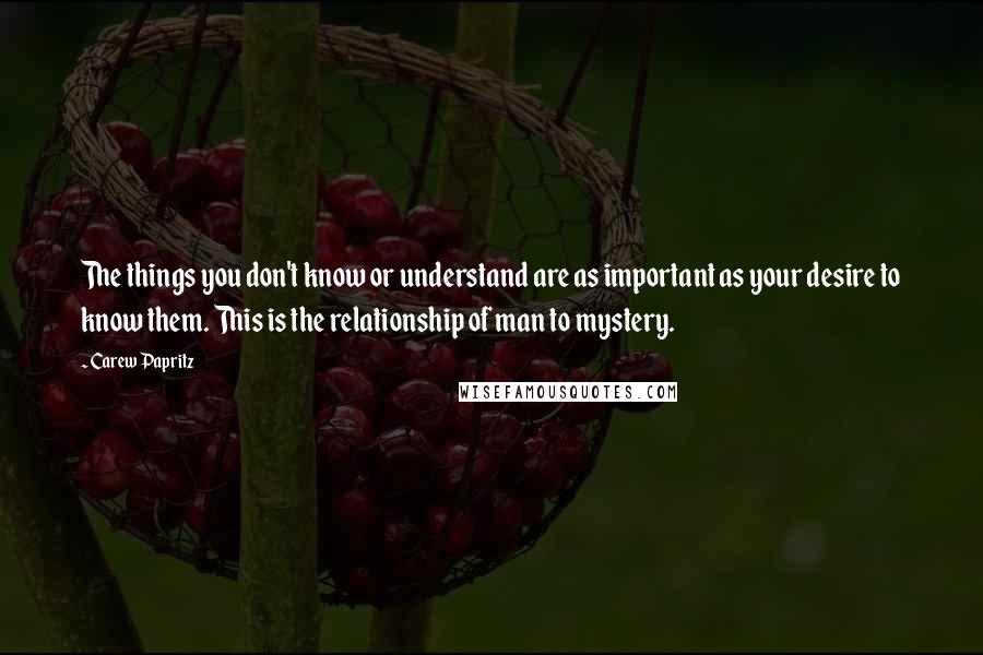 Carew Papritz Quotes: The things you don't know or understand are as important as your desire to know them. This is the relationship of man to mystery.